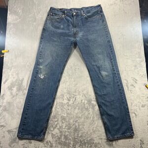 LEVI'S 505 Regular Fit Jeans Mens 38x34 Blue Distressed Straight Leg Denim